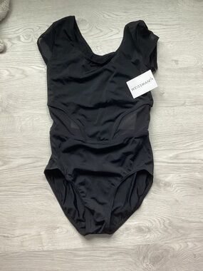Weissman Black Mesh-Panel Cap Sleeve Leotard